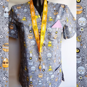 Medical Scrubs Top for Healthcare Workers, V-neck Scrub Top with badge / keys holder, 100% Cotton, Scrub Top with 3 pockets, Size XS to XXL