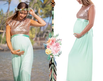 Sleeveless Sequins and Jersey Long Maternity Dress | Long Maxi Style | Photoshoot | Baby Shower | Gender Reveal | Special Occasions