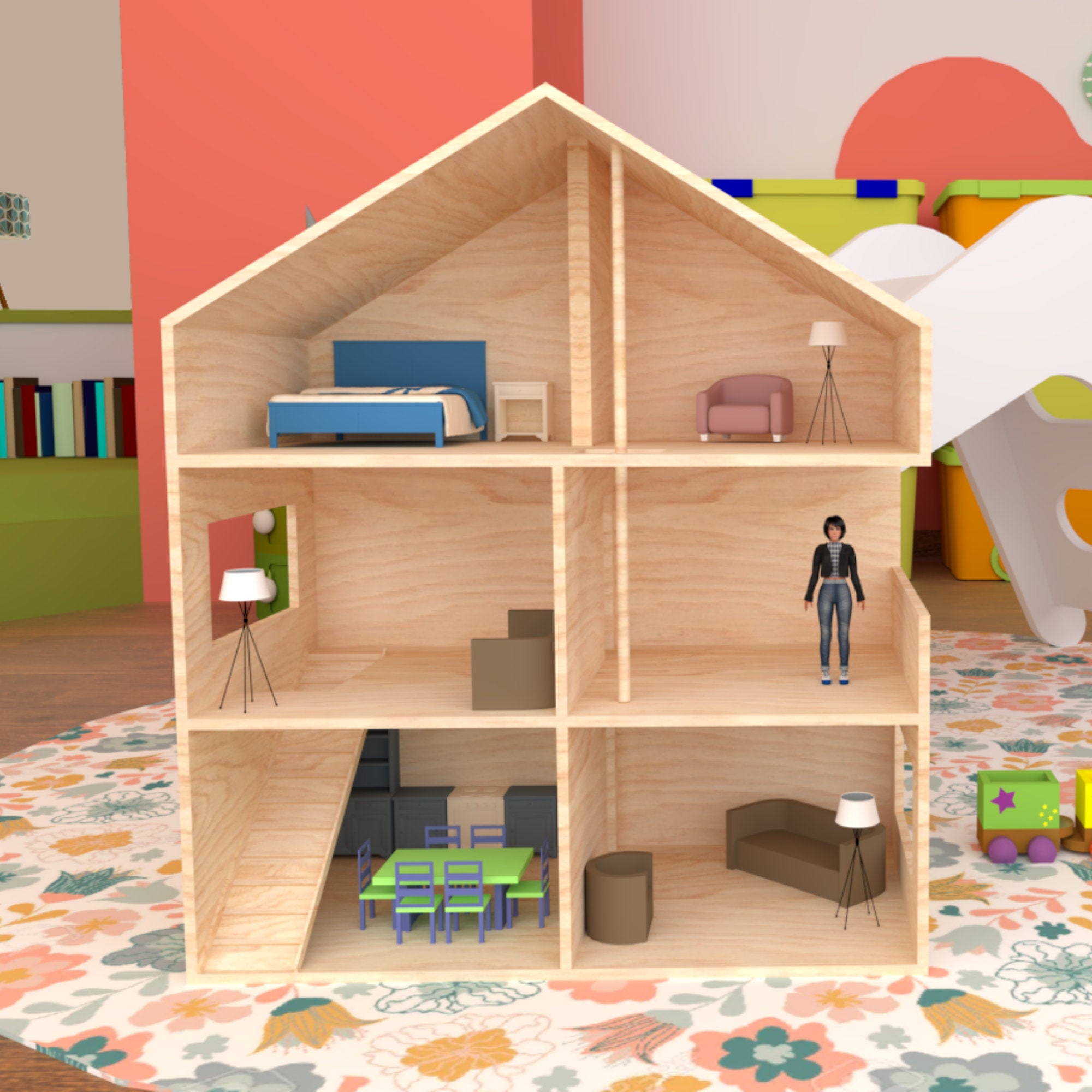 3 Floors With Stairs and Attic Full Doll House Handmade Wooden Etsy