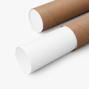 May include: Two brown cardboard tubes with white end caps, one partially unrolled to reveal a white paper print. The tubes are set against a white background, suggesting a product designed for rolled prints or posters.
