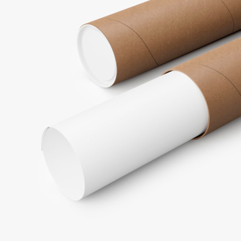 May include: Two brown cardboard tubes with white end caps, one partially unrolled to reveal a white paper print. The tubes are set against a white background, suggesting a product designed for rolled prints or posters.