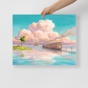May include: A watercolor print depicting a train traveling on tracks through water, with a backdrop of fluffy pink clouds and a light blue sky. The train is red and yellow, and the scene includes a small island with a tree.