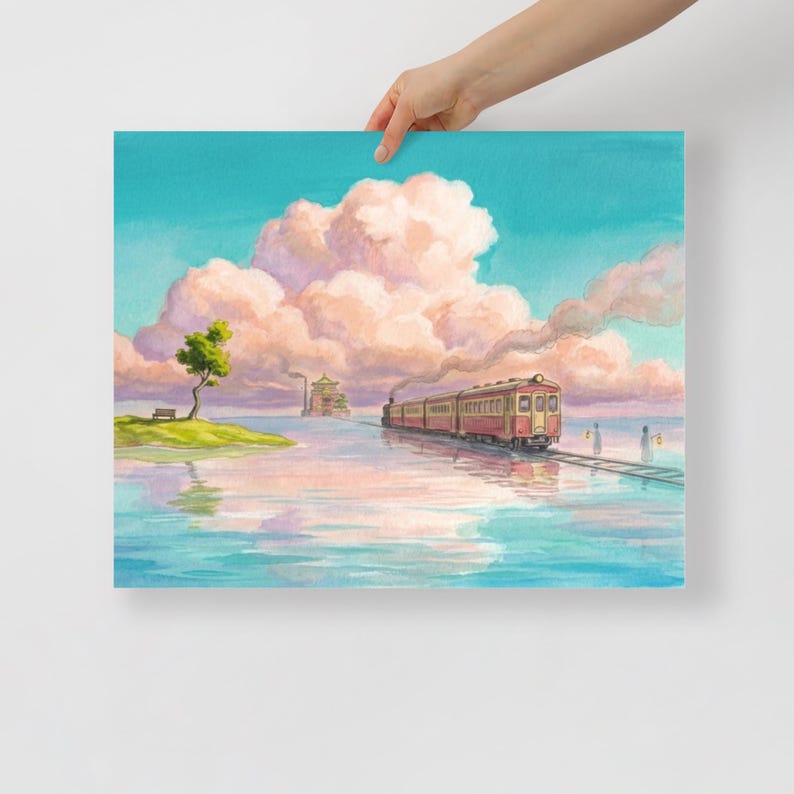 May include: A watercolor print depicting a train traveling on tracks through water, with a backdrop of fluffy pink clouds and a light blue sky. The train is red and yellow, and the scene includes a small island with a tree.