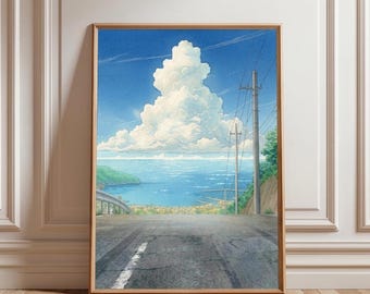 Suzume Seaside Road Watercolor Print, Coastal Anime Landscape Poster