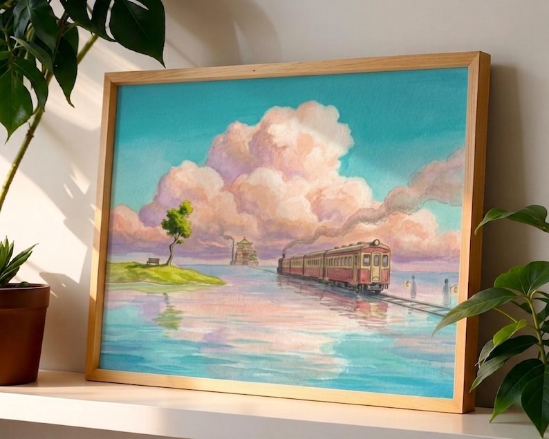 May include: A framed watercolor painting depicts a train traveling on tracks across water, with a small island and large, fluffy clouds in the sky. The train is red and yellow, and the sky is a mix of blue and pink.