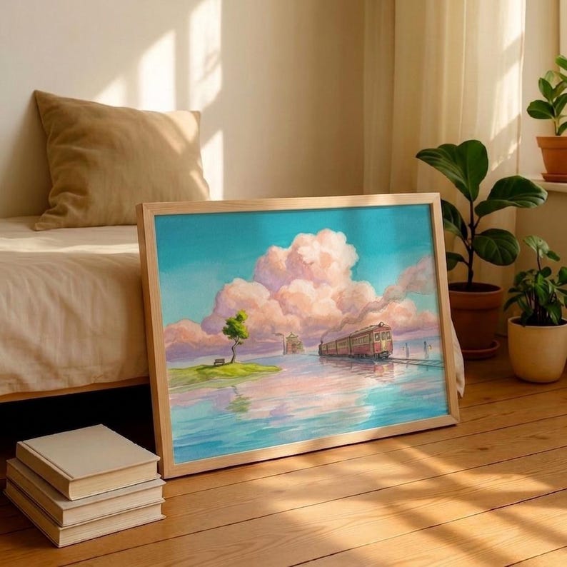 May include: A framed art print featuring a whimsical landscape with a train traveling across water. The artwork showcases a vibrant sky with fluffy pink clouds, a small island with a tree, and a train with red accents. The frame is made of light-colored wood.
