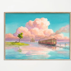 May include: Watercolor print of a train traveling on tracks through water, with a vibrant sky filled with pink and white clouds. A small island with a tree and bench is on the left. The train is red and yellow.