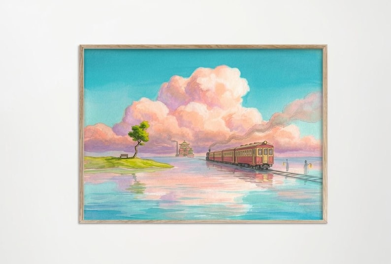 May include: Watercolor print of a train traveling on tracks through water, with a vibrant sky filled with pink and white clouds. A small island with a tree and bench is on the left. The train is red and yellow.