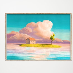 May include: A framed art print depicting a tranquil scene. A small house with a terracotta roof is on a small island with a tree. Fluffy pink clouds fill the sky above the water, reflecting in the calm water below.
