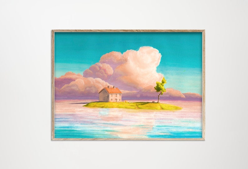 May include: A framed art print depicting a tranquil scene. A small house with a terracotta roof is on a small island with a tree. Fluffy pink clouds fill the sky above the water, reflecting in the calm water below.