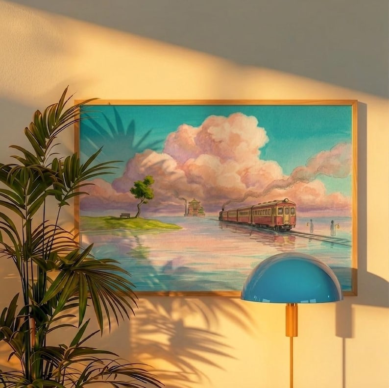May include: A framed artwork depicts a train traveling through a serene landscape with a pink and blue sky. The train is red and brown, and the artwork is framed in a light wood. A blue lamp with a gold base is in the foreground.