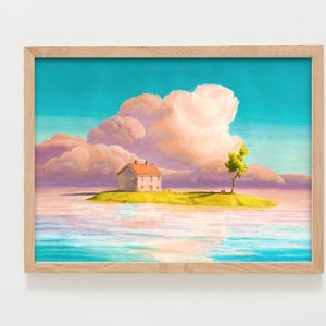 May include: Framed art print showing a tranquil scene. A small house with a red roof is on a grassy island, with a tree and bench. The sky is a gradient of blue and pink, with fluffy clouds and water in the foreground.