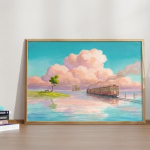 May include: A framed art print featuring a serene landscape with a train traveling across water. The artwork showcases a vibrant sky with fluffy pink clouds, a small island with a tree, and a train with red and yellow accents.