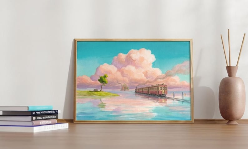 May include: A framed art print featuring a serene landscape with a train traveling across water. The artwork showcases a vibrant sky with fluffy pink clouds, a small island with a tree, and a train with red and yellow accents.