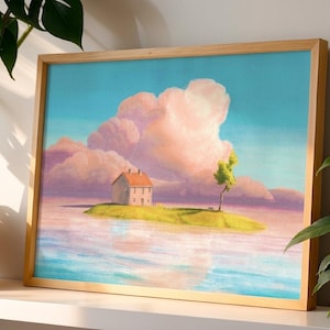 May include: A framed art print showing a tranquil landscape. A small house with a red roof is on a grassy island, with a tree. The sky is a gradient of blue and pink, with fluffy clouds. The water reflects the sky and island.