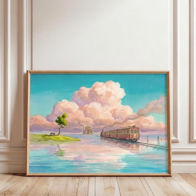 May include: A framed watercolor painting depicts a train traveling across water towards a distant island with a tree and building. The sky is a gradient of blue and pink, with large fluffy clouds.