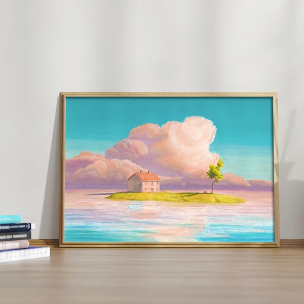 DIGITAL Studio ghibli spirited away chihiro house on island painting poster wall art room decor watercolour