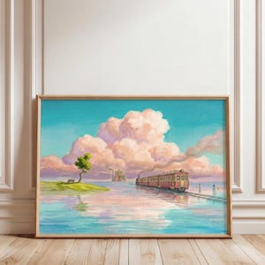 Può includere: Un dipinto ad acquerello incorniciato raffigura un treno che viaggia sull'acqua verso un'isola lontana con un albero e un edificio. Il cielo è un gradiente di blu e rosa, con grandi nuvole soffici.