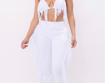 Women White Fringe Pants - Etsy