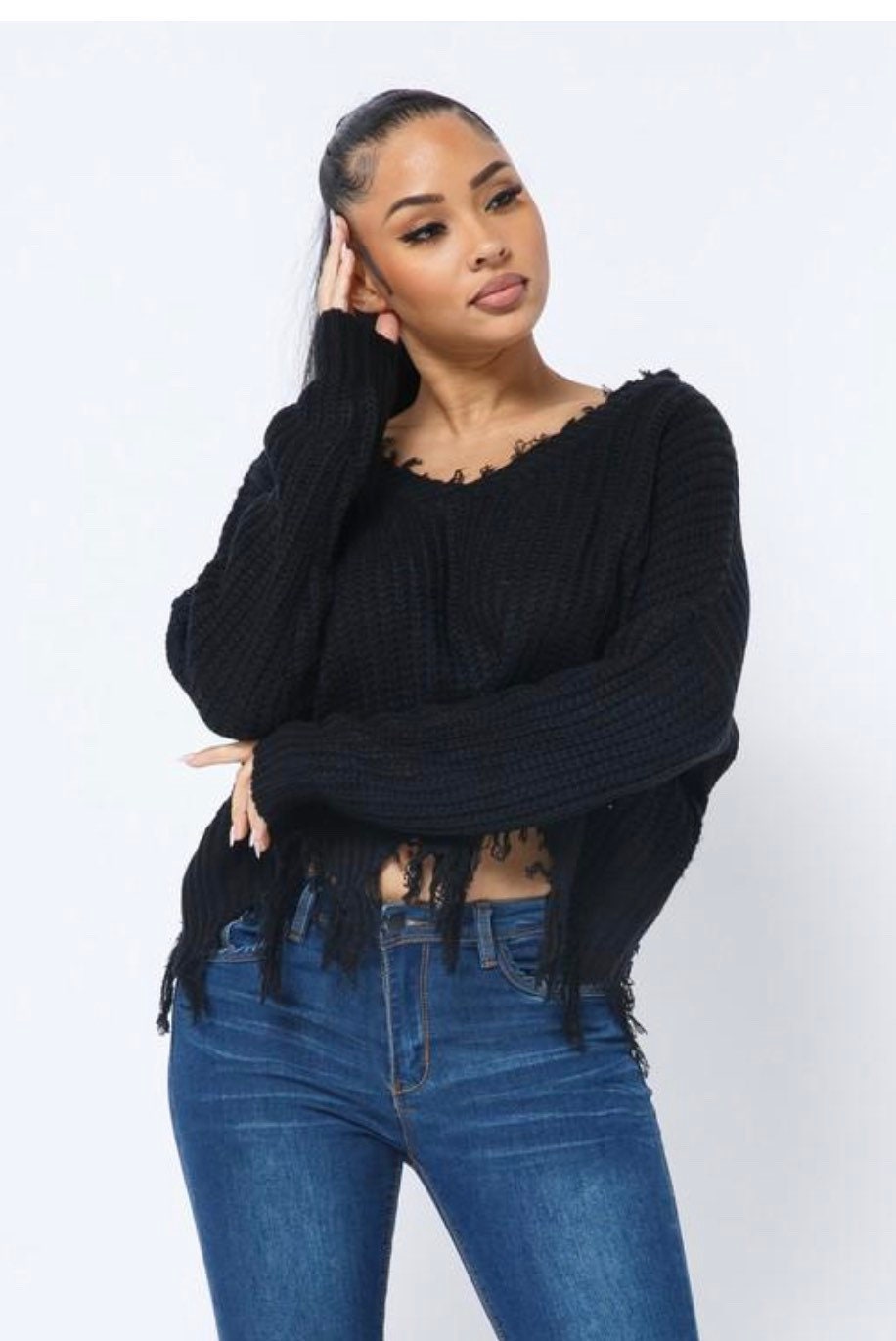 【NUTEMPEROR】 Dark fringe slimfit sweater 1.STATE Crew Neck Fringe Sleeve Tunic Sweater In Rich Black