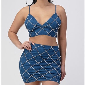 Women&#39;s Sexy Two Piece Rhinestone Skirt Set