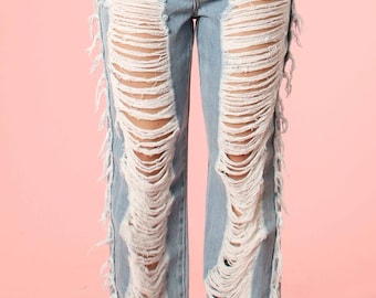 High Rise Distressed Fringe Jeans