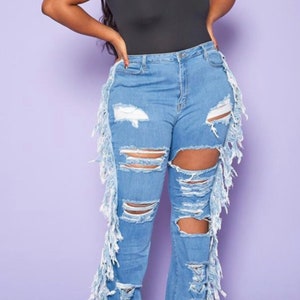 Plus Fringe Distressed Wide Leg Jeans