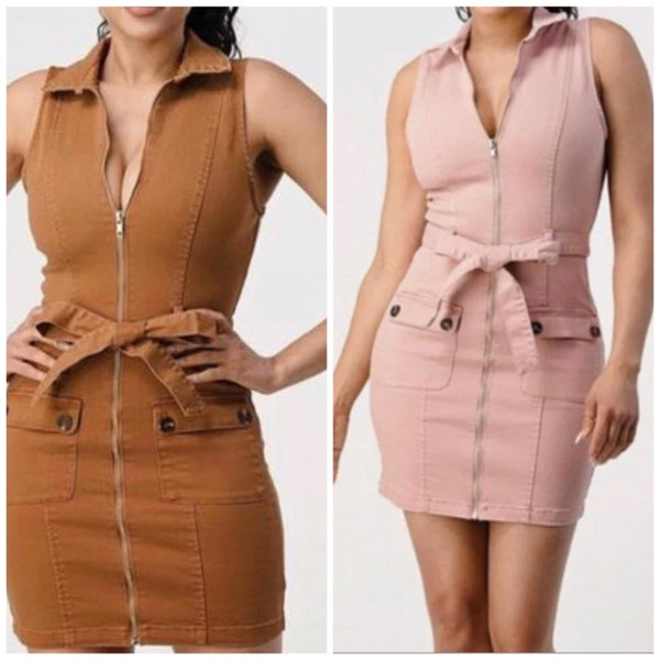 Brown Pink Denim Dress with pockets style