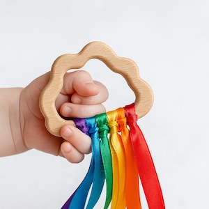 Rainbow Ribbon Sensory Ring: Montessori Toy, Raw Wood