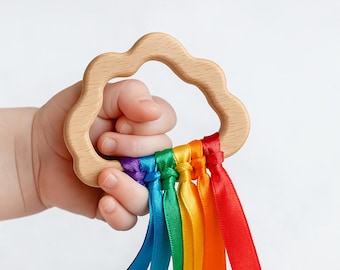 Anillo sensorial de cinta arcoíris: juguete Montessori, madera sin tratar