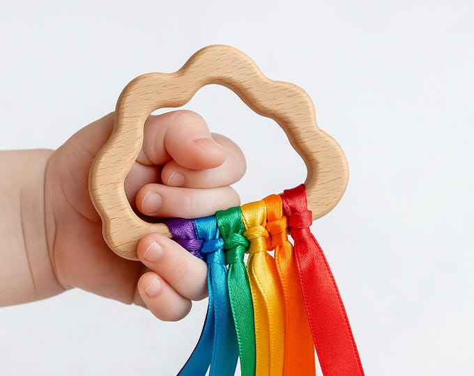 Rainbow Ribbon Sensory Ring: Montessori Toy, Raw Wood