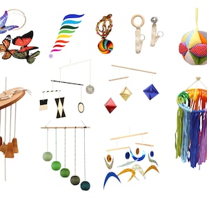 Box of Montessori Mobile, Gobbi Mobile, Montessori Bell and Ring, Tactile Mobile, Octahedron Mobile, Ribbon Mobile, Rainbow Mobile