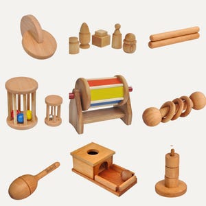 Montessori Wooden Baby Toy Set – Rolling Drum, Interlocking Discs, Object Box, Egg in Cup, Bell Cylinder