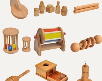 Set de juguetes Montessori de madera para bebés: tambor giratorio, discos encajables, caja de objetos, huevo en taza, cilindro con campana.