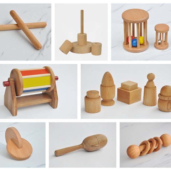 Caja de juguetes de madera Montessori, Sonajero rodante Montessori, Disco entrelazado Montessori, Tambor giratorio, Huevo en taza, Maracas