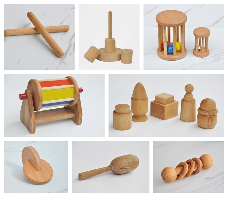 Doos met Montessori houten speelgoed, Montessori rollende rammelaar, Montessori in elkaar grijpende schijf, draaiende trommel, ei in beker, Maracas All set