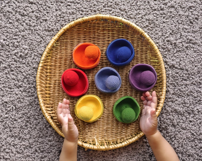 Rainbow Knitted Nesting Bowls with Balls: Montessori Color Sorting Toy