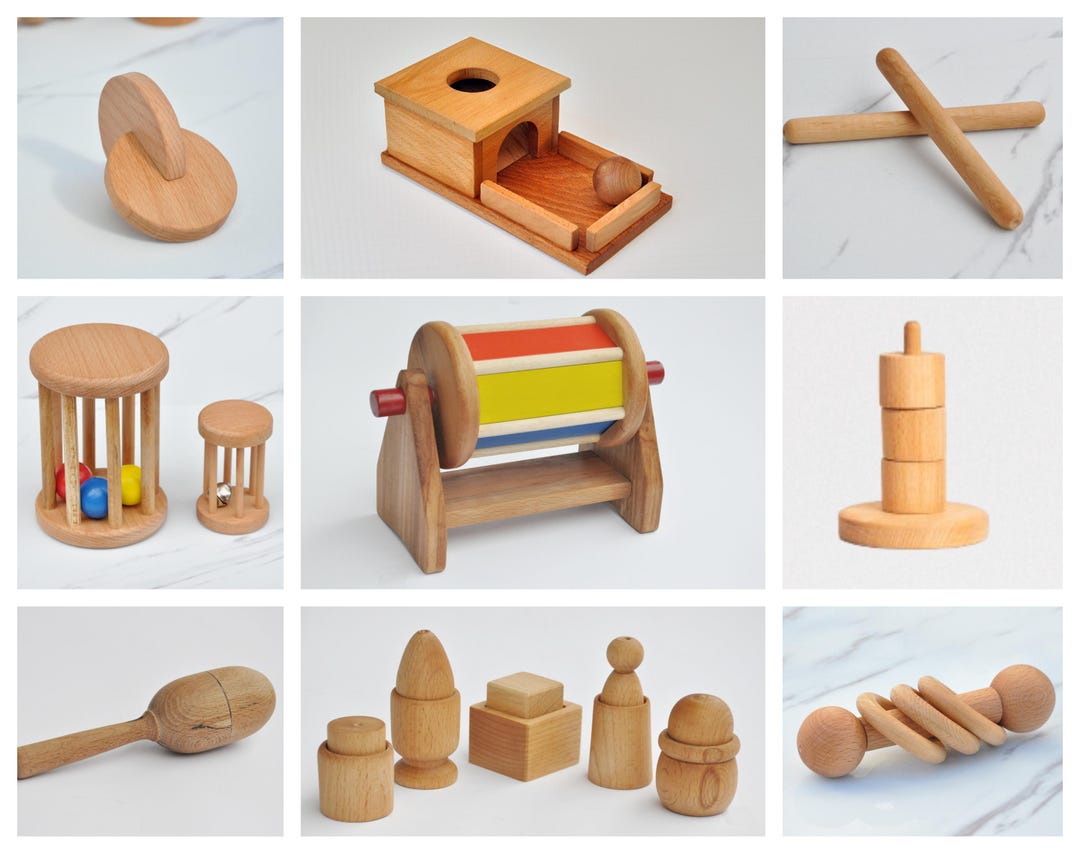 Juego de juguetes Montessori de madera de haya: sonajero