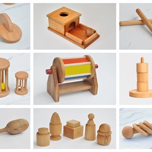 Caja de juguetes de madera Montessori, sonajero rodante Montessori, disco entrelazado Montessori, tambor giratorio, huevo en taza, maracas