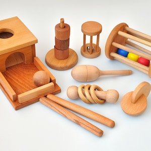 Juguetes Montessori, discos entrelazados Montessori, sonajero de bola Montessori, caja de permanencia de objetos Montessori, sonajero de madera, maracas