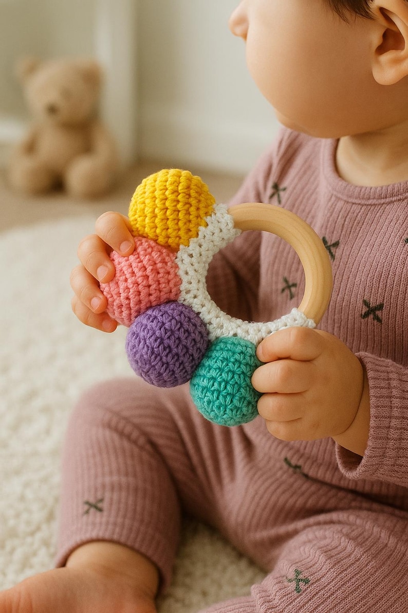 Baby Rattle Wooden Ring, Crochet Sensory Toy - Etsy