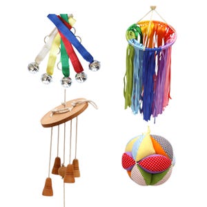 Montessori Tactile Mobile Set (4 Pieces) – Bell, Ribbon, Wood Ring, Fabric Puzzle Ball Nursery Decor