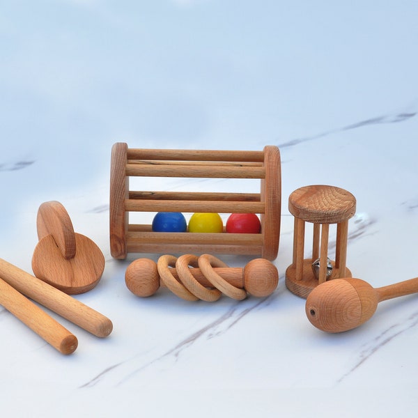 Montessori Rassel, Montessori-Glocke, Montessori-Scheiben, Rassel aus Holz, Maracas, Rhythmusstäbchen, Babypartygeschenk