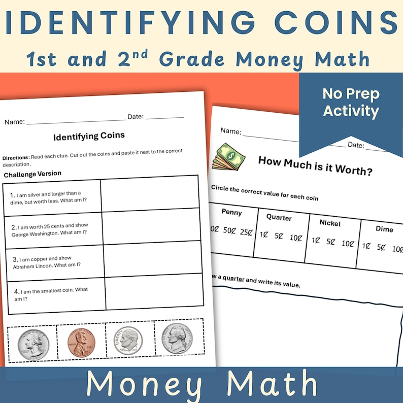 Coin Math Activity Identifying Coins Cut and Paste Activity | 1st 2nd Grade Money Math (no ...