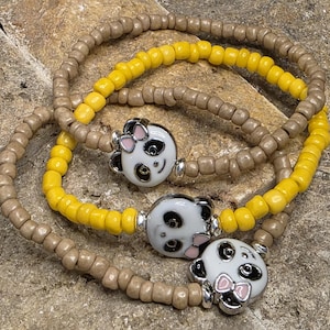Panda Charm Bracelet Set: Yellow & Neutral Seed Beads, Kids Kawaii Jewelry