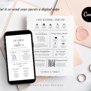 May include: A black and white wedding timeline printable with a QR code. The timeline includes the ceremony, dinner, dancing, and after party. The text includes "Our Wedding Timeline", "Long Story Short", "Never Forgotten", "Oh Snap!" and "Future Fund".