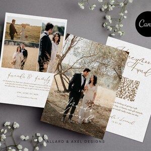 Könnte beinhalten: Zwei Hochzeitseinladungskarten im rustikalen Stil. Die erste Karte zeigt eine Collage von Fotos des Paares auf einem Feld. Die zweite Karte zeigt ein Foto des Paares, das auf einem Feld spazieren geht, und einen QR-Code mit dem Text "Flitterwochen-Fonds". Der Text auf der ersten Karte lautet "Friends & Family" und enthält das Datum und die Uhrzeit der Hochzeit. Der Text auf der zweiten Karte lautet "Wir denken darüber nach, ein Geschenk für ein Venmo-Bargeschenk für unsere Flitterwochen zu geben. Es würde unseren Tag wirklich verschönern. Amanda & Leonard 12.01.23"