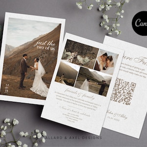 May include: A wedding invitation with a rustic design featuring a couple in a mountain setting. The invitation includes a QR code for a wedding gift fund and the text "Just the two of us" and "Friends & family".
