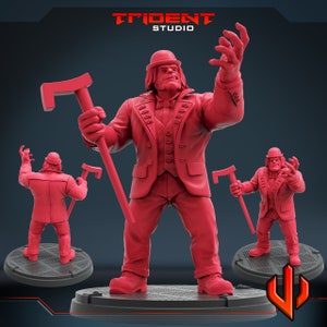 May include: A red 3D printed miniature figure of a man wearing a suit and a bowler hat. He is holding a large axe in his right hand and has a menacing expression on his face.
