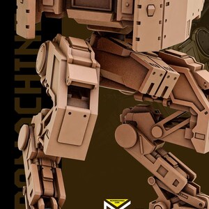 May include: A tan-colored Tracker model from Micromachine Corp. is featured, showcasing a detailed, mechanical design. The image highlights the robot's articulated limbs, weaponry, and overall structure, with the "April Release" date visible.